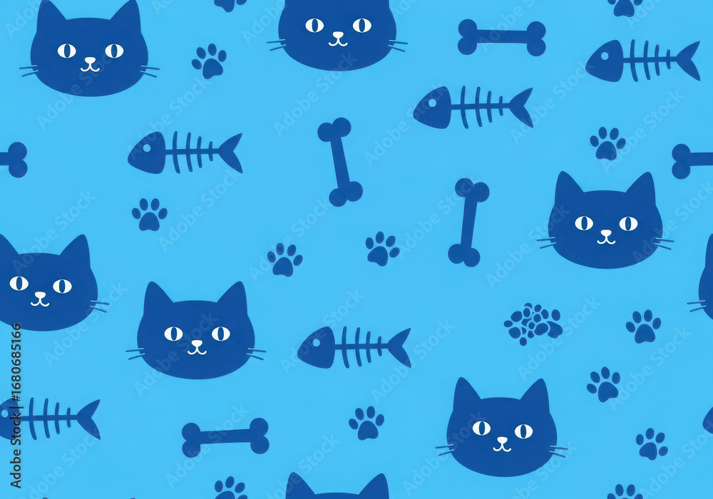 Cute blue cat faces paw prints and fish bones seamless pattern Cute blue cat faces paw prints and fish bones seamless pattern