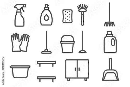 Kitchen Cleaning Icons. Outline icon set of kitchen cleaning product storage: spray bottle, dish soap, sponge,