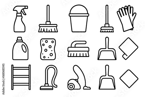 Cleaning Supplies Icons. Outline icon set of professional cleaning supply storage: spray bottle, industrial