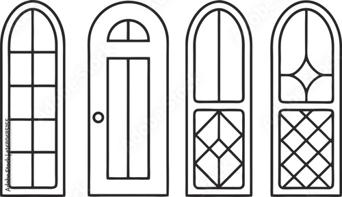 Set of front doors collection of cute architectural doors line art illustration around 143 characters
