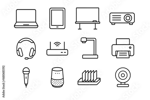 Digital Learning Icons. Outline icon set of digital learning tools in classrooms: laptop, tablet, interactive