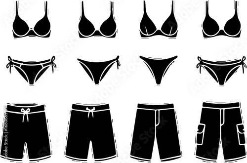 Bikini and Swim Trunks Set Black Silhouettes | Summer Swimwear Fashion Vector Art for Graphic Design, Beach Outfits and Online Clothing Catalog
