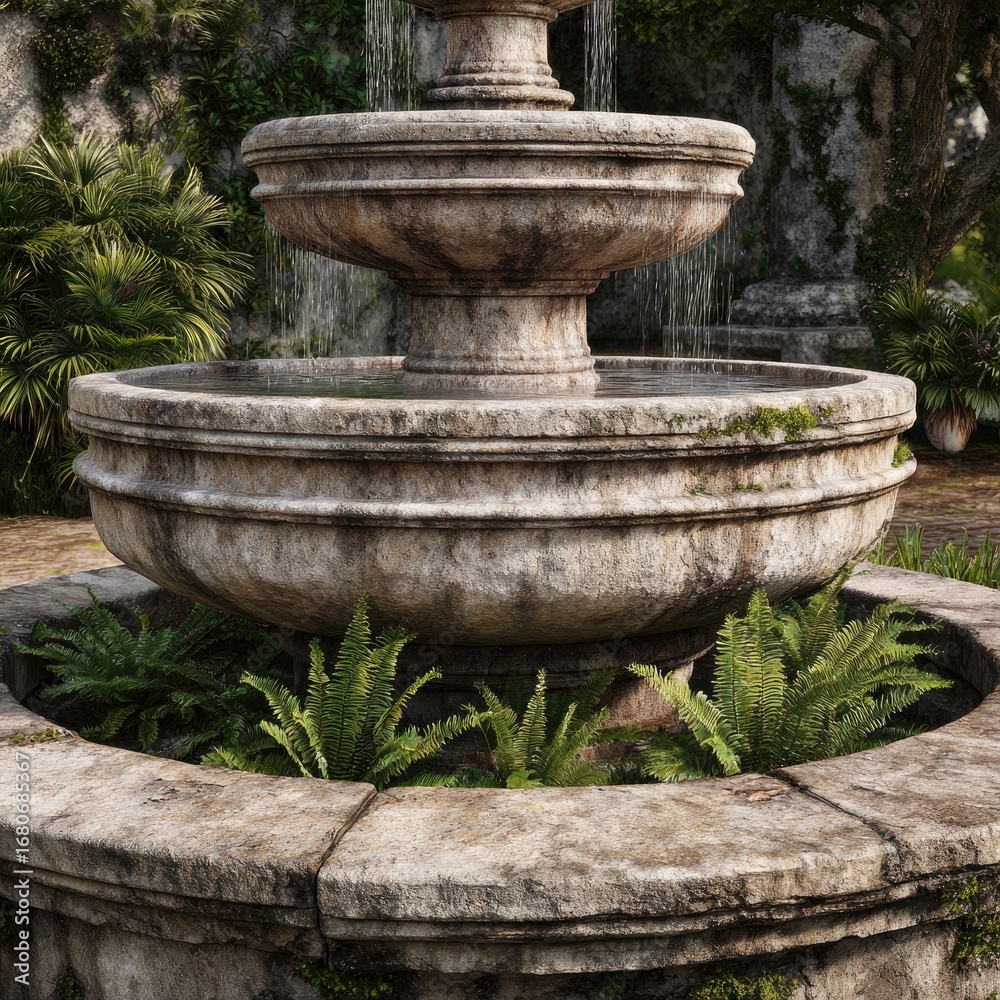 Fototapeta premium Tiered Stone Fountain with Ferns and Water Flow flowing