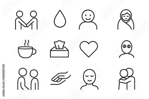 Emotional Connection Icons. Outline icon set of emotional connection moments: two people holding hands, tear