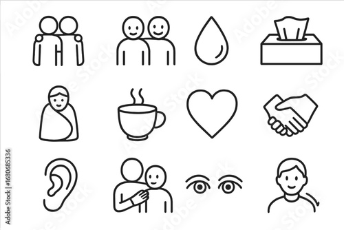 Compassionate Icon Set. Outline icon set of standing by a friend: hug, supportive smile, tear drop, tissue box