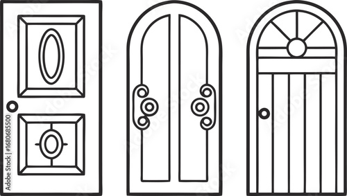 Three different door styles, showcasing a variety of architectural designs and entryways with unique features and details