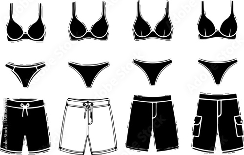 Swimwear Set Icons: Bikini Tops, Bottoms, Swim Trunks | Black and White Summer Fashion for Apparel Design and Online Retail