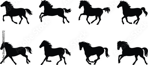 Running horse silhouette set, galloping horse icons, wild animal motion sequence, perfect for animations, prints, logos, and nature themes