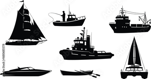 Set of various boat and ship silhouettes including sailboat, fishing boat, tugboat, yacht, canoe, and catamaran vector
