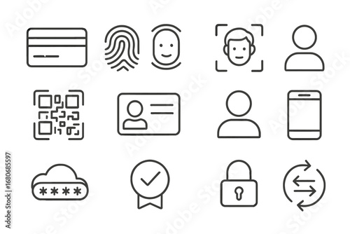 Banking Identity Icons. Outline icon set of banking digital identity: credit card, fingerprint, face scan, QR