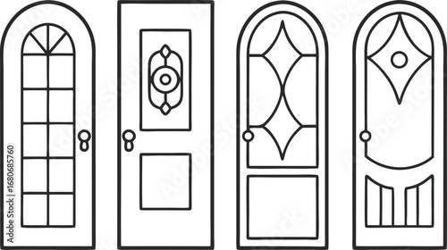 Four different arched doors in a row, each with its own unique design and style line art illustration