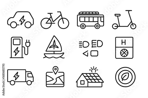 Clean Energy Transport Icons. Outline icon set of clean energy transport tech: electric car, e-bike, solar bus