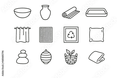 Nature-Inspired Icon Grid. Outline icon set of nature-inspired minimalism: wooden bowl, clay vase, bamboo mat,