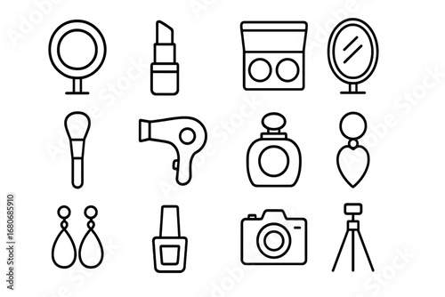 Beauty Vlogger Icons. Outline icon set of beauty and fashion vloggers: ring light, lipstick, eyeshadow palette