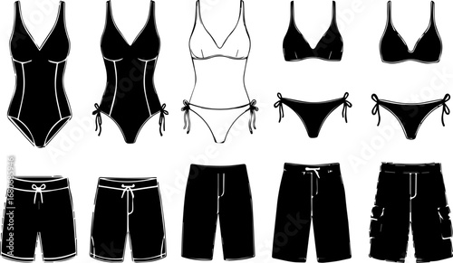 Swimsuit and Shorts Collection Set - Black and White Fashion Apparel for Summer Vacation, Beachwear Design and Retail