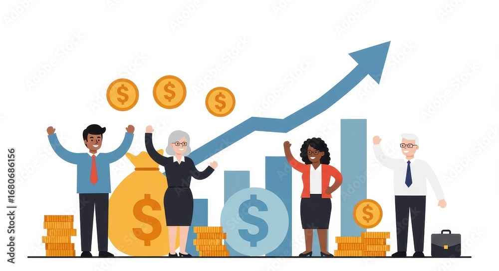 Obraz premium A group of diverse business professionals celebrate financial success, surrounded by rising graphs and money symbols.