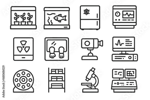 Space Station Icon Set. Outline icon set of space station research facilities: plant growth chamber, aquatic