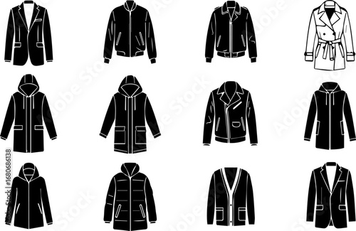 Clothing Garment Vector Illustration Set | Black and White Outwear Icon Collection for Fashion Design and Apparel Mockups