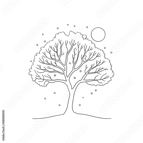 Artistic outline of a majestic tree under a stylized moon and stars