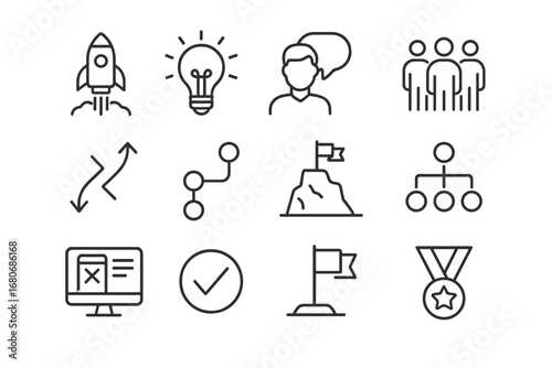 Innovation Icon Set. Outline icon set of inspiring innovation in teams: rocket launch, lightbulb icon, leader