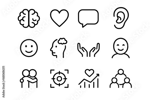 Emotional Intelligence Icons. Outline icon set of emotional intelligence in dialogue: brain icon, heart icon,