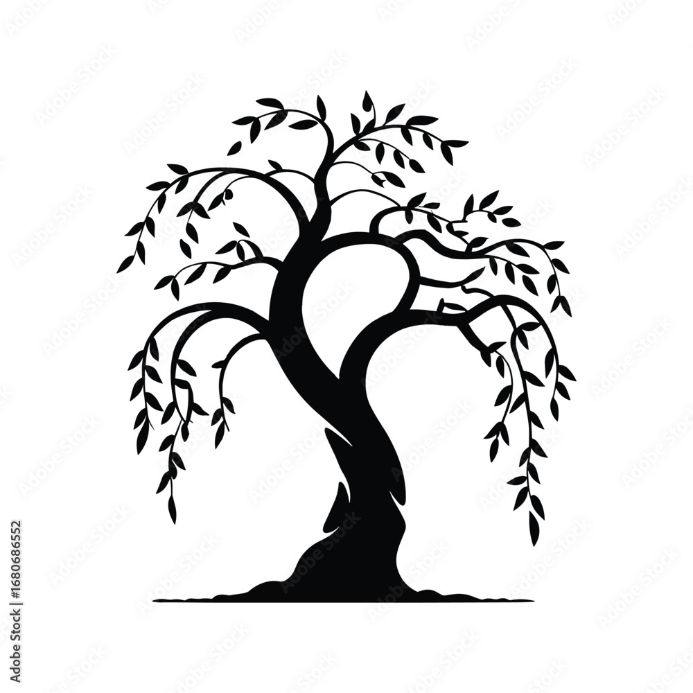 Obraz premium Silhouette of a classic weeping willow tree with flowing branches and detailed leaves on a