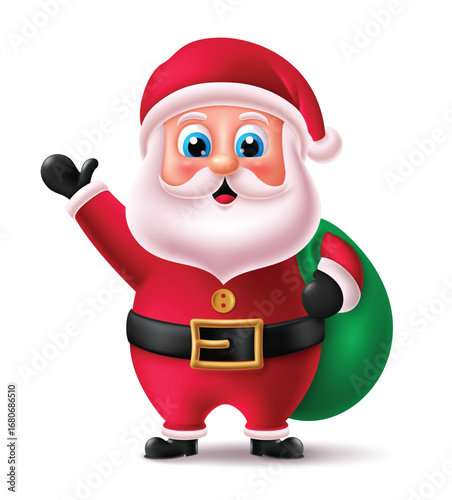 Christmas Clipart Character isolated in White background. cute Santa Claus holding green gift sack vector illustration.