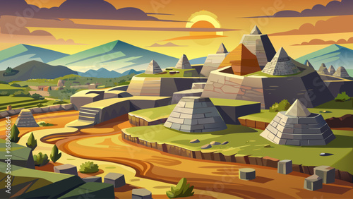 Great Zimbabwe Ruins, Zimbabwe, reveal dry-stone walls, conical towers, and monumental enclosures. Sunlight spreads across granite patterns; semi-realistic flat vector emphasizing scale, geometry, and
