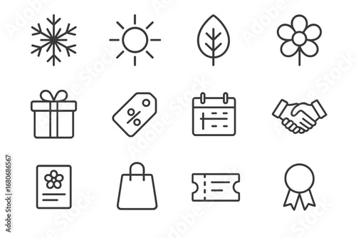 Seasonal Promotion Icons. Outline icon set of seasonal joint promotions: snowflake, sun, leaf, flower, gift