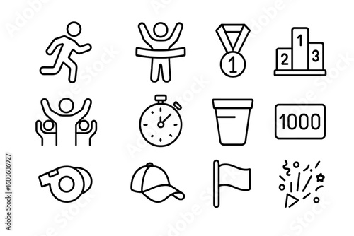 Marathon Icon Set. Outline icon set of marathon celebration: runner silhouette, finish tape, medal, podium,