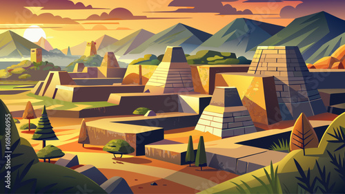 Great Zimbabwe Ruins, Zimbabwe, reveal dry-stone walls, conical towers, and monumental enclosures. Sunlight spreads across granite patterns; semi-realistic flat vector emphasizing scale, geometry, and
