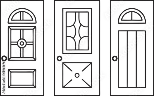 Three different door styles, showcasing a variety of architectural designs and entryways with unique features and details