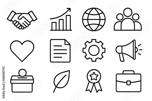 Corporate Icon Set. Outline icon set of corporate social responsibility: handshake, bar chart, globe, team,