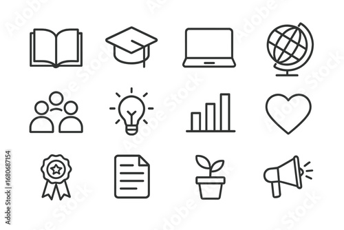 Education Startup Icons. Outline icon set of education-focused startups: open book, graduation cap, laptop,