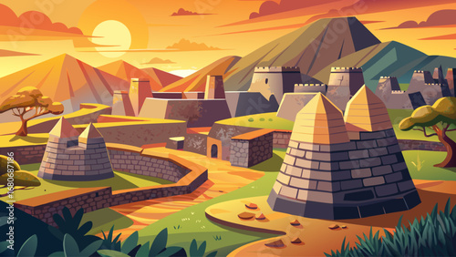 Great Zimbabwe Ruins, Zimbabwe, reveal dry-stone walls, conical towers, and monumental enclosures. Sunlight spreads across granite patterns; semi-realistic flat vector emphasizing scale, geometry, and