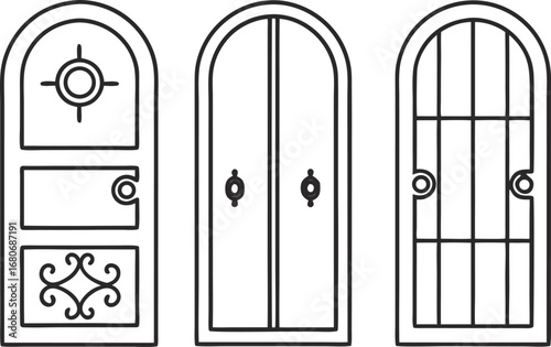 Three different door styles, showcasing a variety of architectural designs and entryways with unique features and details