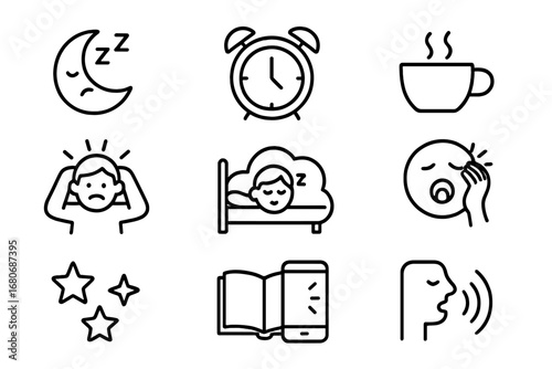 Stress and Sleep Icons. Outline icon set of stress and sleep problems: insomnia moon, alarm clock, bed icon,