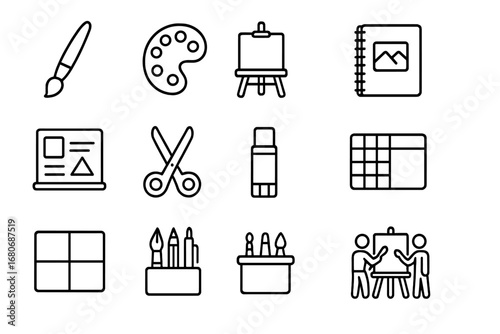 Art Collaboration Icons. Outline icon set of artistic collaboration: paintbrush, color palette, easel,