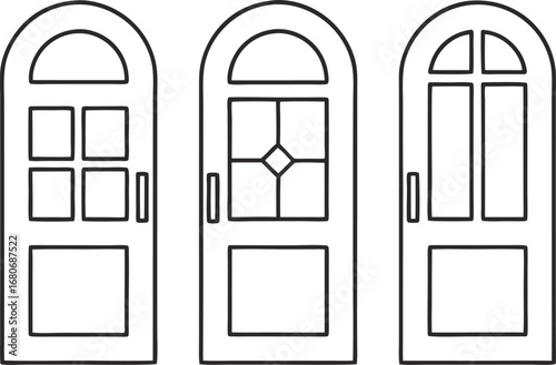 Three arched doors in a row, each with a unique design, showcase a variety of styles and architectural details