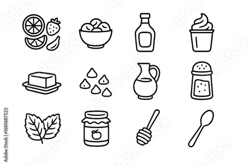 Pancake Topping Icons. Outline icon set of preparing toppings for pancakes: fruit slices, nut bowl, syrup