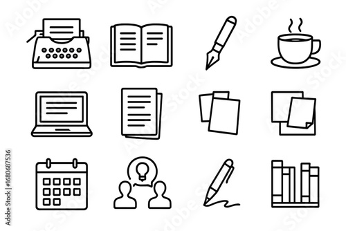 Writing Icons Grid. Outline icon set of writing partnership: typewriter, open notebook, fountain pen, coffee