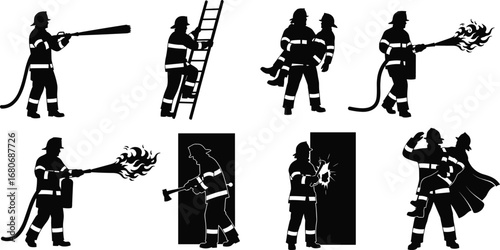 Silhouette of firefighters in action, rescuing victims, climbing ladders, using hoses, breaking doors, symbolizing bravery, safety, emergency response, and rescue.
