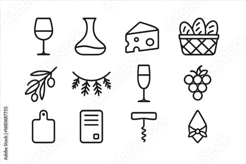 Gourmet Holiday Icons. Outline icon set of gourmet holiday tasting: wine glass, wine decanter, cheese block,