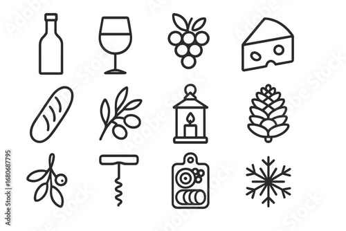Winter Vineyard Icon Set. Outline icon set of winter vineyard tasting: wine bottle, wine glass, grape cluster,