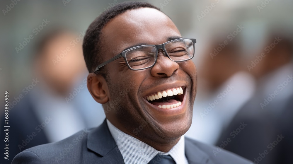 Fototapeta premium Business professional laughing joyfully outdoors in a busy urban environment during a bright day