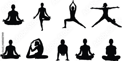 Silhouette of people practicing various yoga poses and meditative postures, ideal for wellness, fitness, balance, mindfulness, and spiritual concepts.