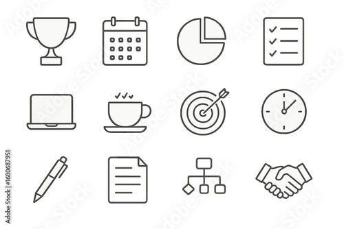 Project Milestone Icons. Outline icon set of project milestone achievement: trophy, calendar, pie chart,