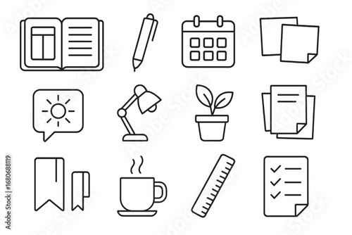 Self-Improvement Icon Set. Outline icon set of self-improvement planning: planner, pen, calendar, sticky notes