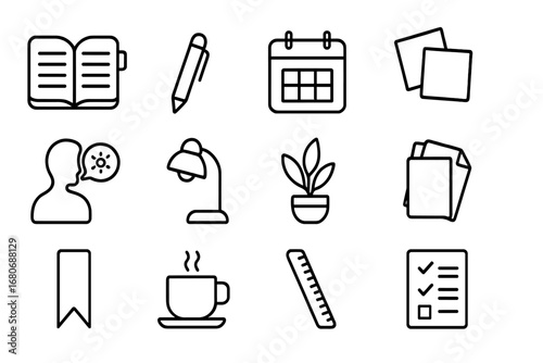 Self-Improvement Icon Set. Outline icon set of self-improvement planning: planner, pen, calendar, sticky notes