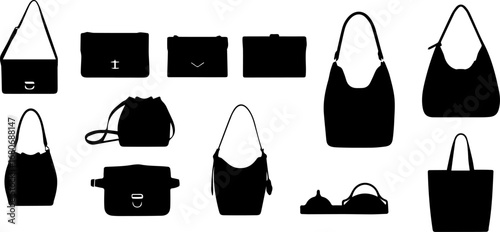 Assorted Black Handbag and Purse Silhouettes | Collection of Stylish Accessories for Fashion Design and Retail Marketing